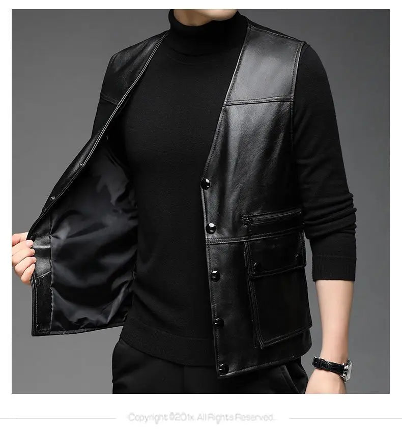 Genuine Leather Motorcycle Vest Mens sheepskin Leather Waistcoat biker sleeveless jacket clothing chaleco bullet proof club vest