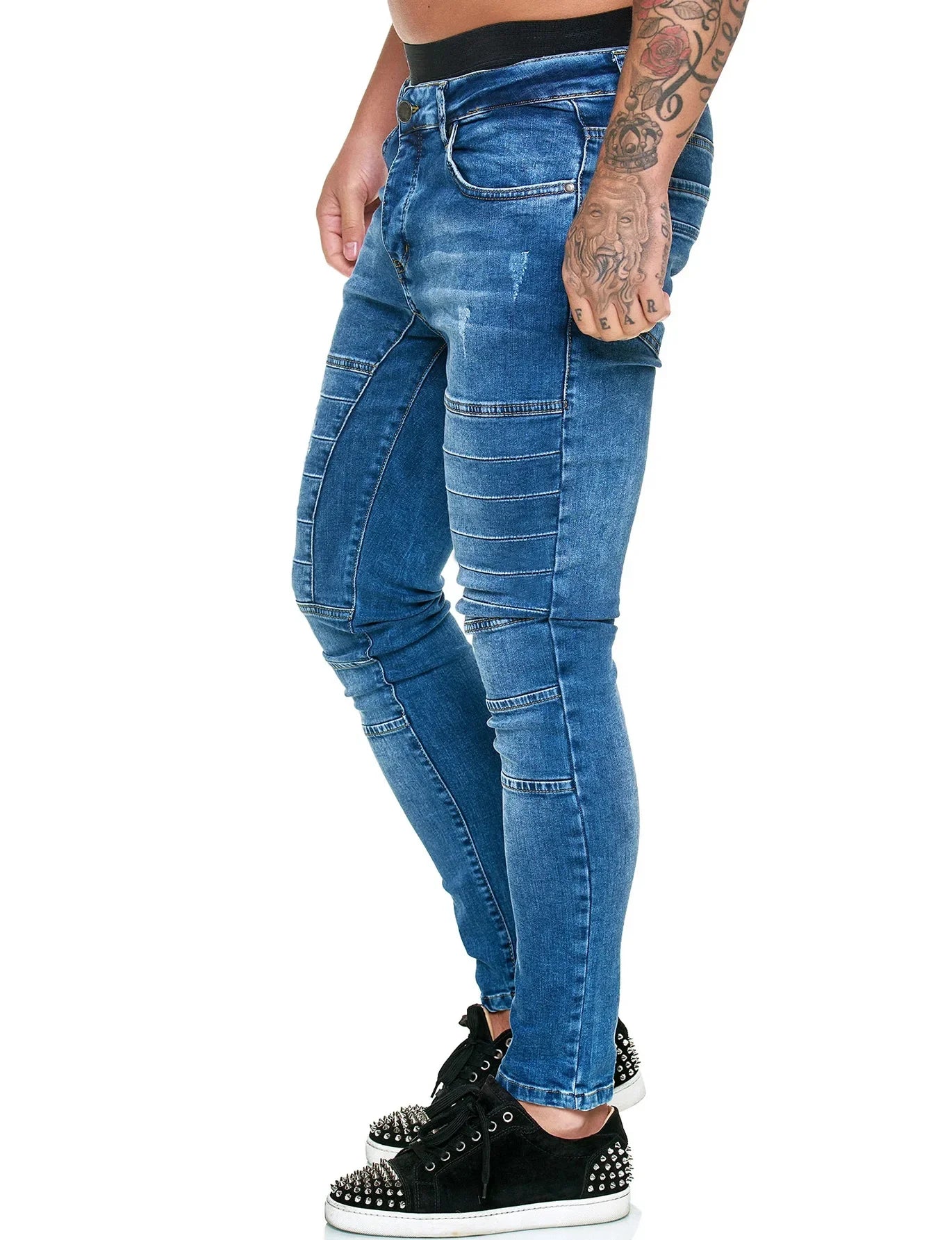 Jeans Men Pencil Pants Long Pant Sheath Denim Casual Mid Waist Pocket Zipper Solid Splice Regular Straight Trousers Autumn