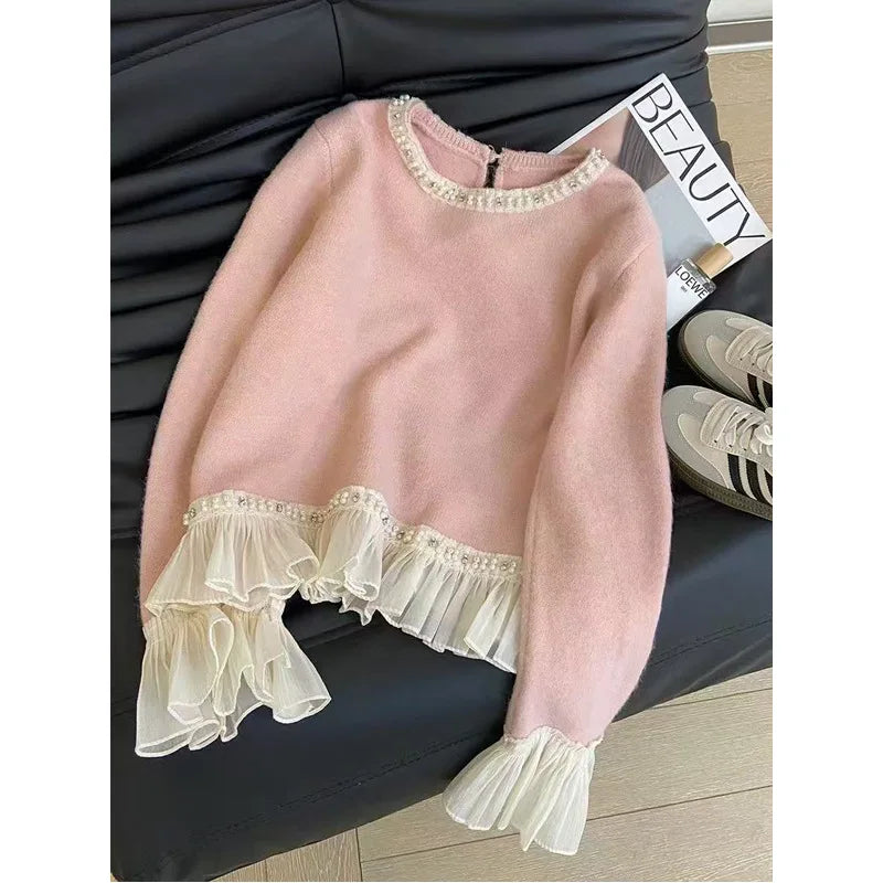New Winter Sweet Loose Beaded Ruffled Pink Sweater for Women Fashion Versatile Casual and Elegant Knitted Sweater