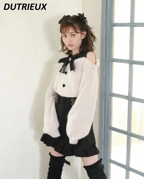 Sweet Lolita Winter Clothes Women Off Shoulder Sweater Pullover Student Elegant Long Sleeve Knitwear Bow Lace Waist Slim Sweater