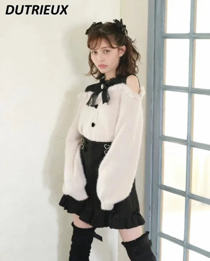 Sweet Lolita Winter Clothes Women Off Shoulder Sweater Pullover Student Elegant Long Sleeve Knitwear Bow Lace Waist Slim Sweater