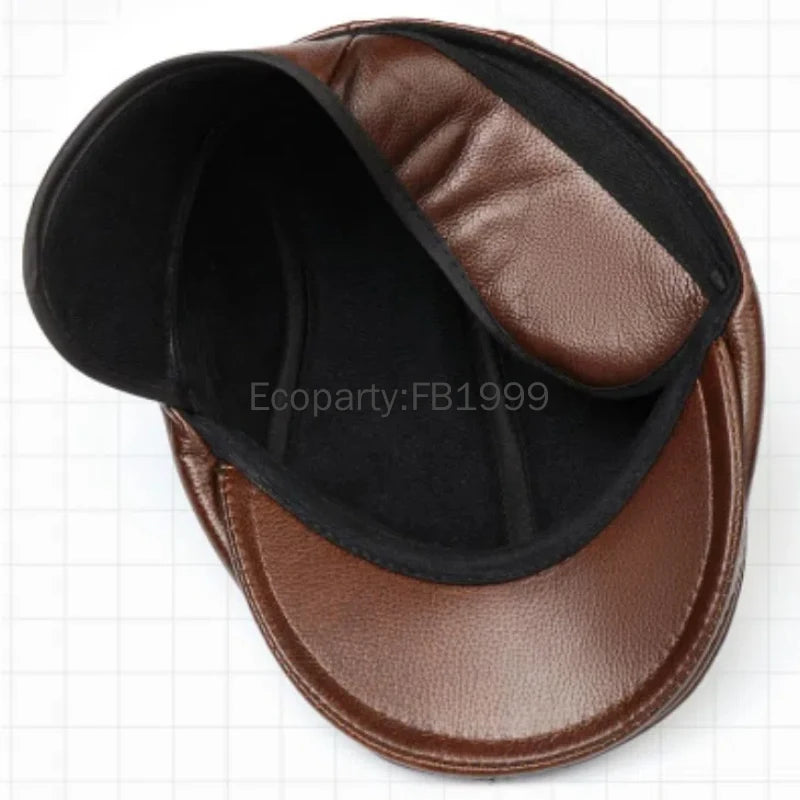Men's Genuine Leather Hat Vintage Classic Thicker Warm Cowhide Leather Berets With Ears Snapback Cap Fashion Cap Gifts for Dad