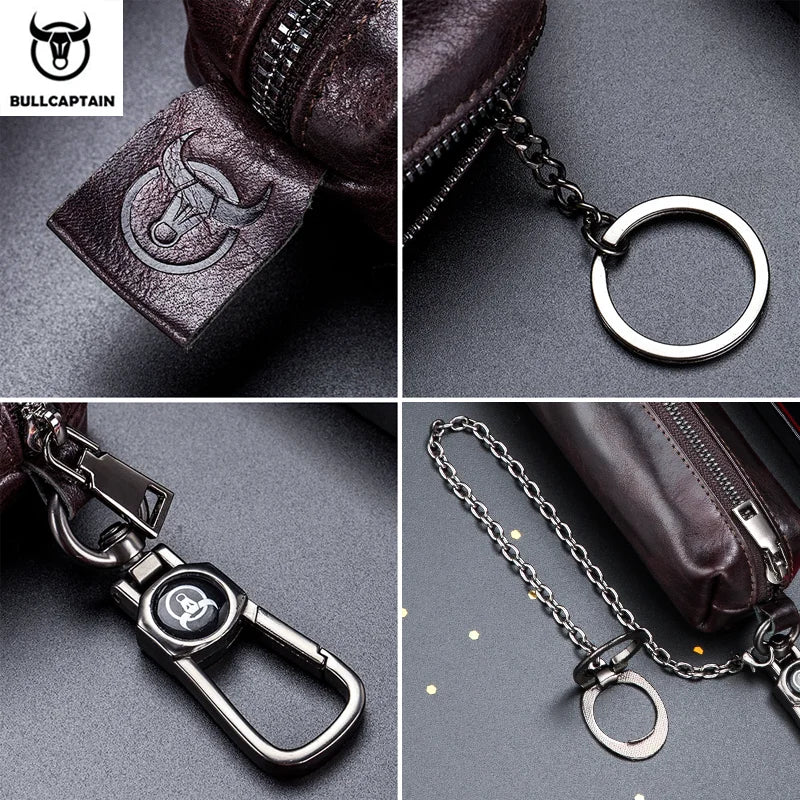 BULLCAPTAIN Genuine Leather Men's Car Keychain Leather Key Case High Quality Men's Butler Key Clip Zipper Two Card Key Case