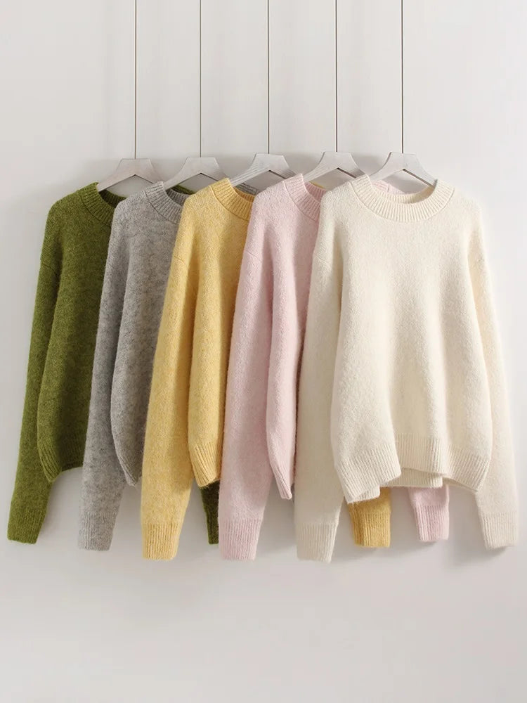 Women's Winter Sweater 2025 Warm Pullovers O Neck Knitwear Loose Knit Jumpers Basic Brown Sweaters For Women Winter Pink