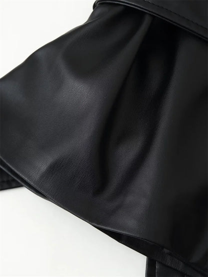 2026 Autumn Winter New Fashion Belt Leather Jacket Coats Women Long Sleeve Windbreaker Black Coat Female Streetwear Leather Coat