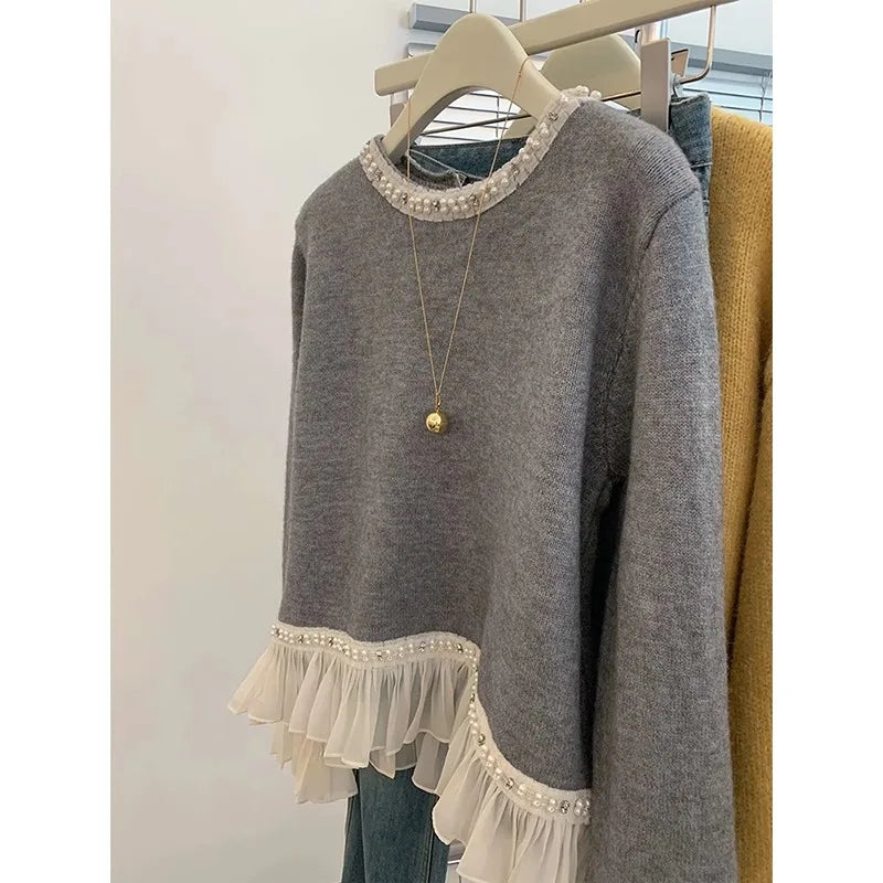 New Winter Sweet Loose Beaded Ruffled Pink Sweater for Women Fashion Versatile Casual and Elegant Knitted Sweater