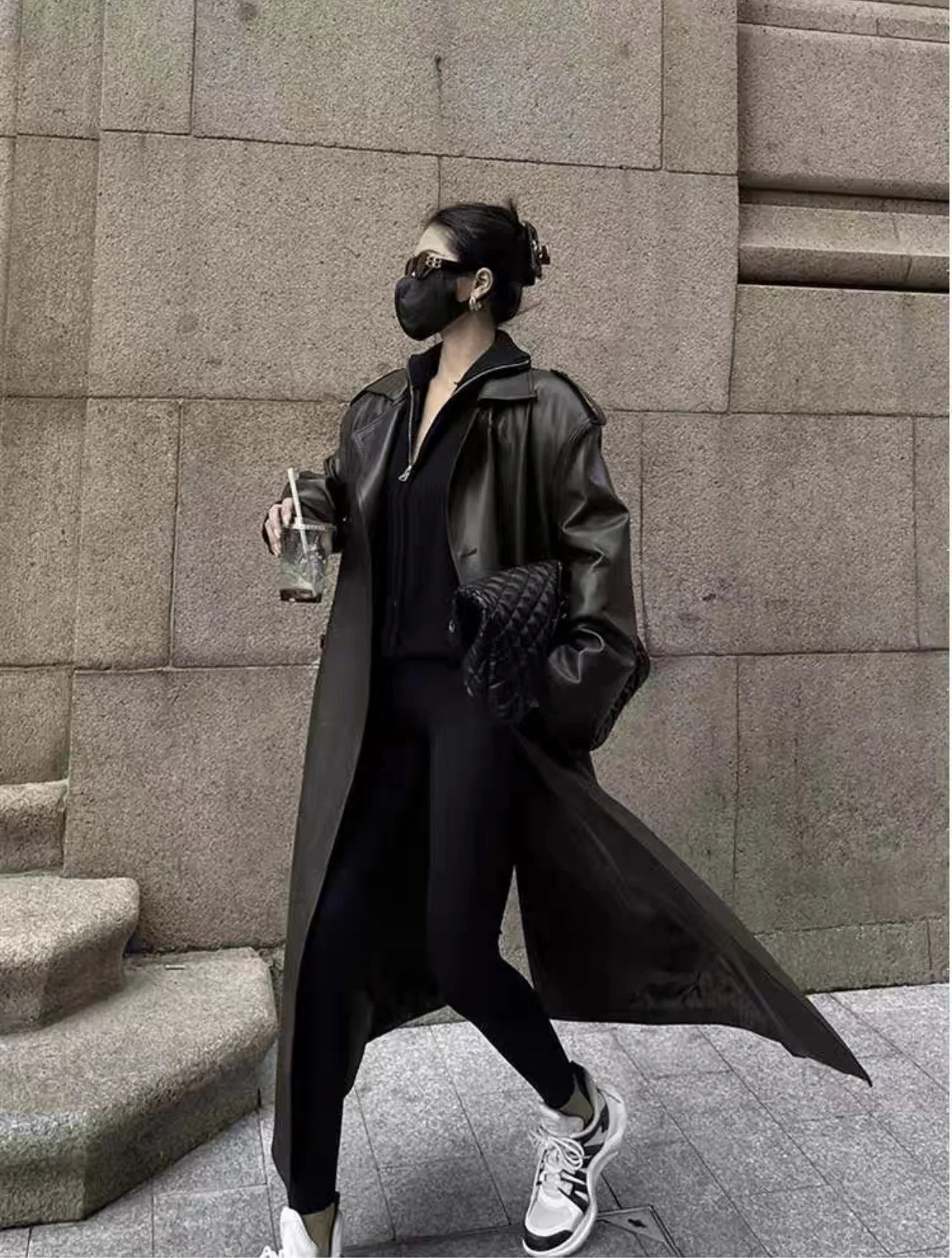 Women Faux PU Leather Coats Turn Down Collar Black High Waist Lace Up Long Jackets Casual Elegant Y2k Maxi Loose Windbreak