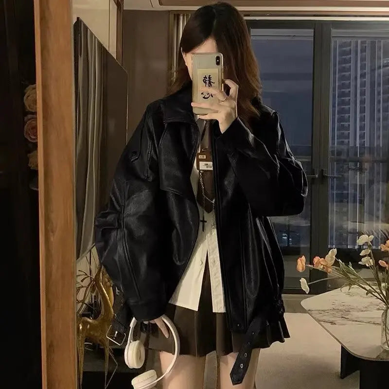Faux Pu Leather Coats Women Solid Jackets Belt Zipper Turn Down Collar Long Sleeves Loose Casual Streetwear 2025 Spring Autumn