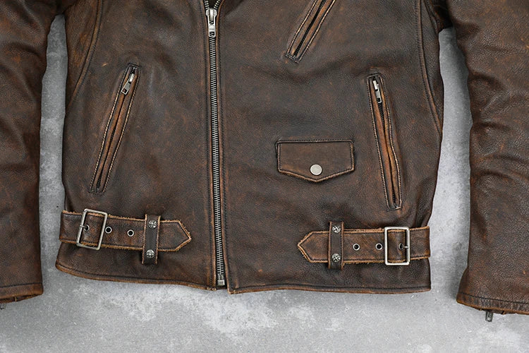 Cowhide Leather Coat Men's Retro Distressed Motorcycle Cycling Clothing Trendy Youth LapeSpring and Autumn Coat