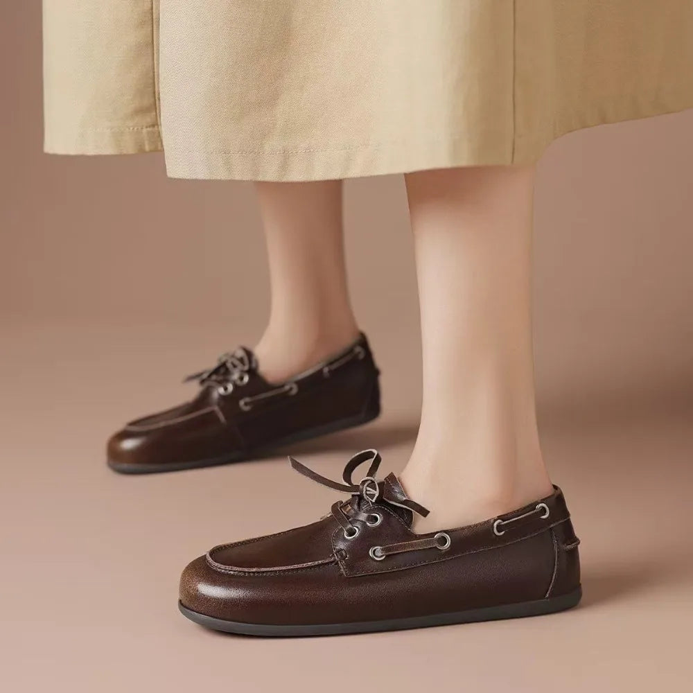 Leather Shoes for Women 2025 Spring and Autumn Sheepskin Worn Dirty Tied Soft Soled Loafer Shoes Retro One Foot Women's Shoe