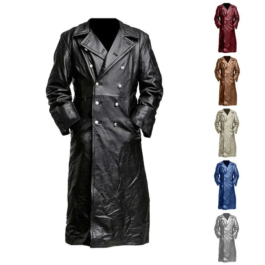 Men Faux Leather Coats Pu Long Coat Splice Double Breasted Turn Down Collar Slim Fit Thick Casual Jackets Autumn Winter