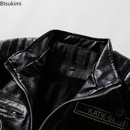 2025 Leather Jackets Men's Autumn Winter Fleece Motorcycle PU Leather Jackets Vintage Casual Stand Collar Windbreaker Slim Coats