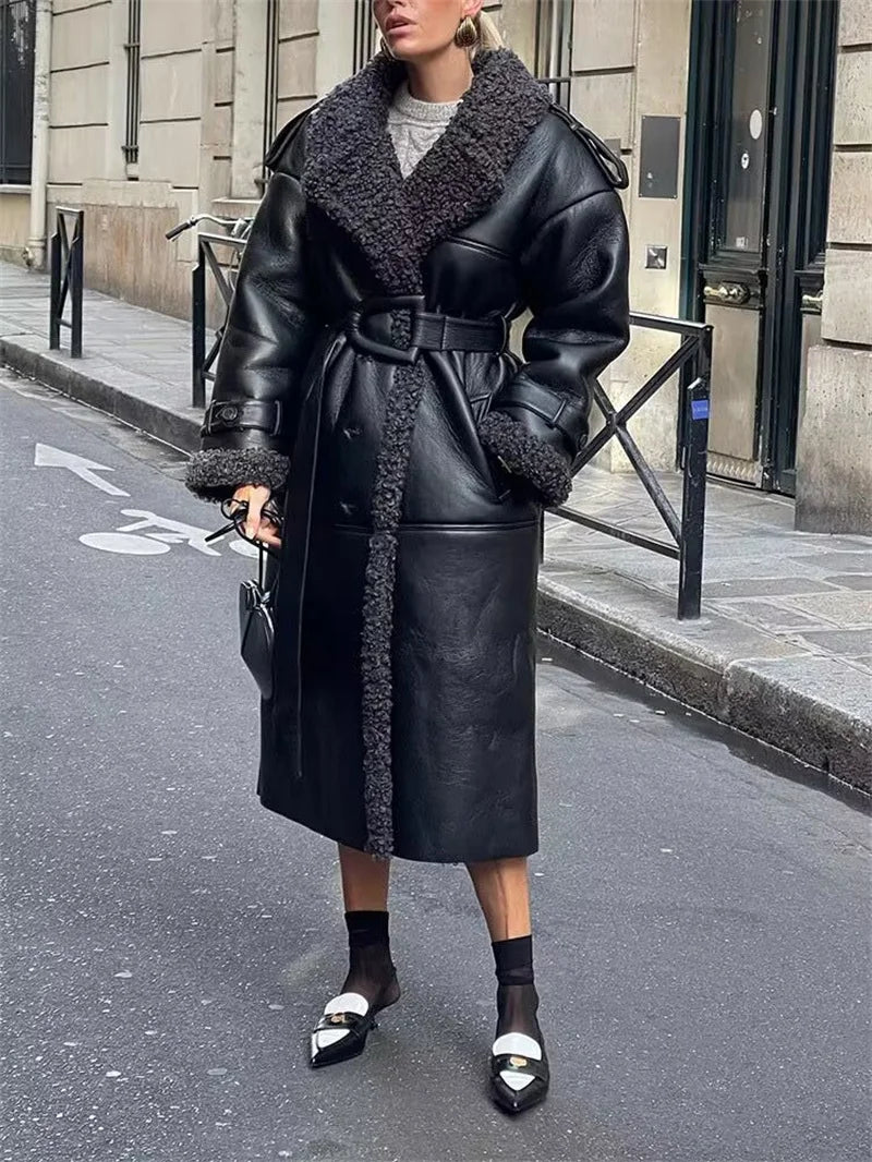 Women's Coat 2025 Autumn New Style Black Long-Sleeve Leather and Fur Integrated Coat with Belt High-End Outerwear Elegant