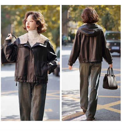 2025 Winter Leather Jacket Women Add-velvet Thicken Warm Coats Loose Hooded Short Jackets Streetwear Windproof Leather Outerwear