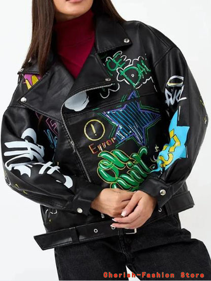 Fashion Brand Coat PU Leather Jacket Women Colorful Print Graffiti Soft Punk Coats Slim Locomotive Cropped Jacket Leather Top 1