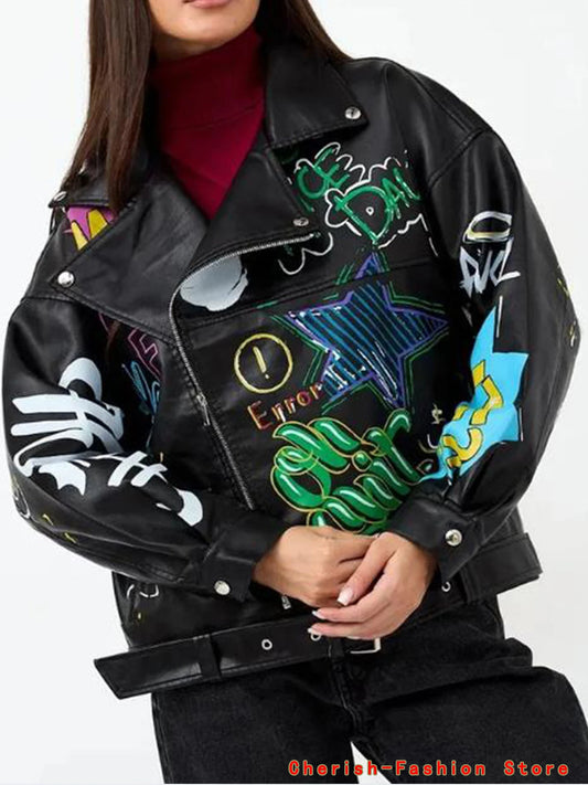 Fashion Brand Coat PU Leather Jacket Women Colorful Print Graffiti Soft Punk Coats Slim Locomotive Cropped Jacket Leather Top 1