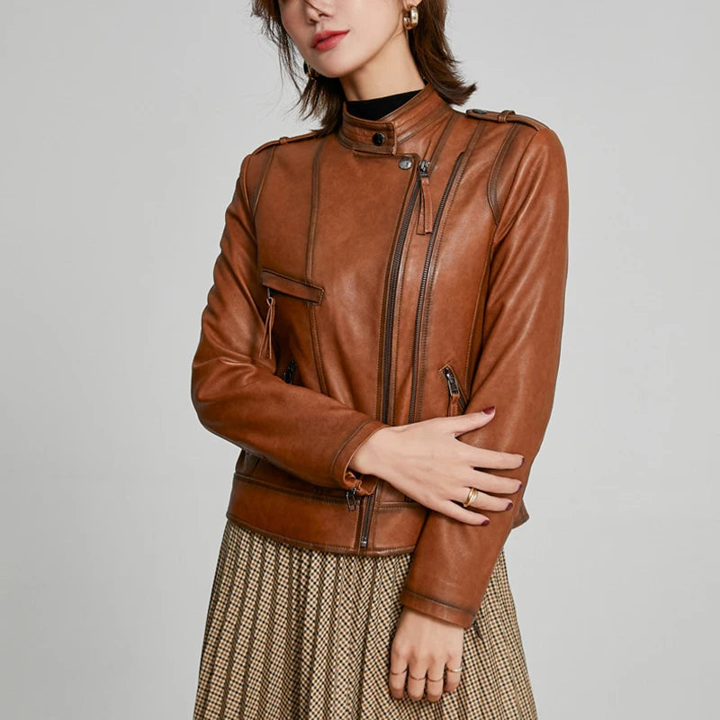 Leather Coat Women Short All-match European Fashion Biker Genuine Sheepskin Black Jackets Zipper Pocket Jaqueta Couro Feminina