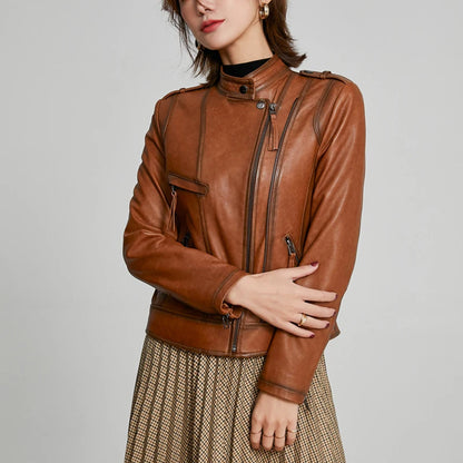 Leather Coat Women Short All-match European Fashion Biker Genuine Sheepskin Black Jackets Zipper Pocket Jaqueta Couro Feminina