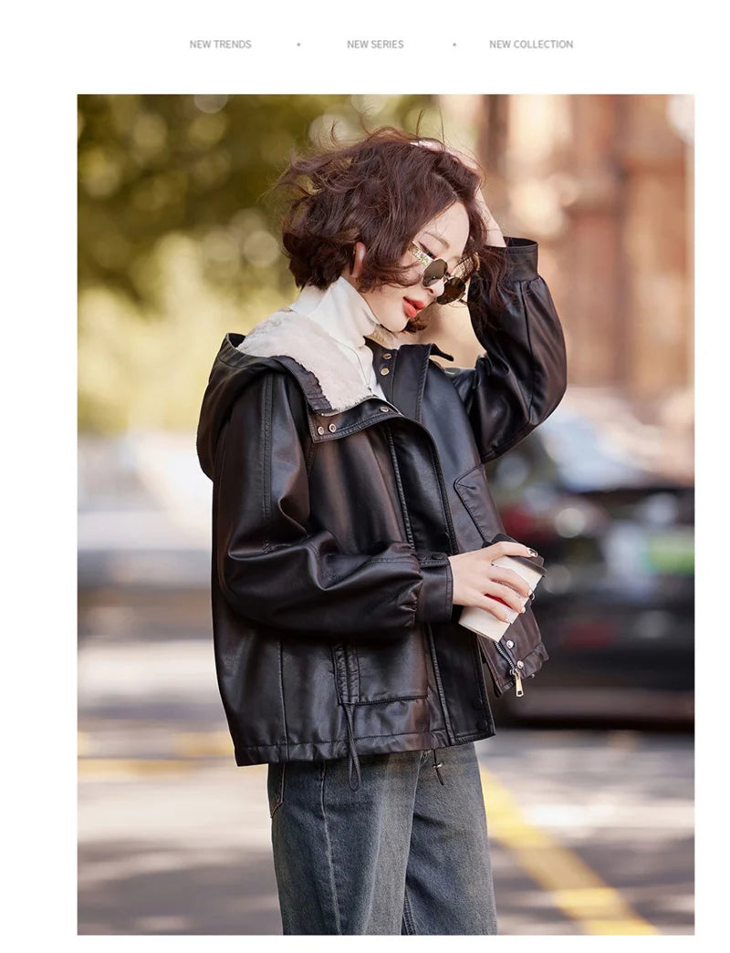 2025 Winter Leather Jacket Women Add-velvet Thicken Warm Coats Loose Hooded Short Jackets Streetwear Windproof Leather Outerwear