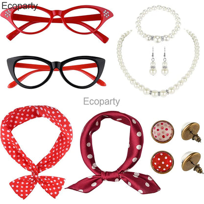 1950's Costume Accessories For Women Retro Polka Dot Headband Necklace Chiffon Scarf Eyeglasses Earrings Set Girls Party Outfits