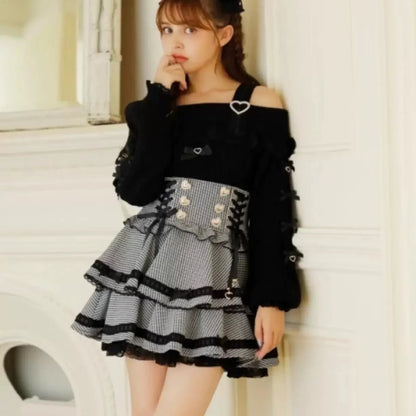 Japanese Sweet Bow Long-sleeve Knitted Pullover Sweater Autumn Winter New Off-shoulder Sexy Lolita Girls Liz Sweater Jumper Top