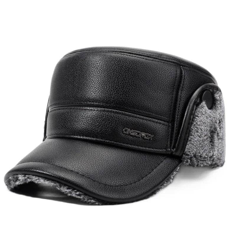 Mens Leather Flat Top Baseball Cap Warm Ear Hat for Elderly in Autumn Winter Thickened Fleece-lined Cold Cap