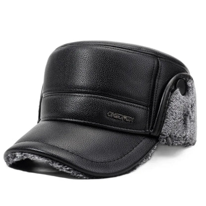 Mens Leather Flat Top Baseball Cap Warm Ear Hat for Elderly in Autumn Winter Thickened Fleece-lined Cold Cap