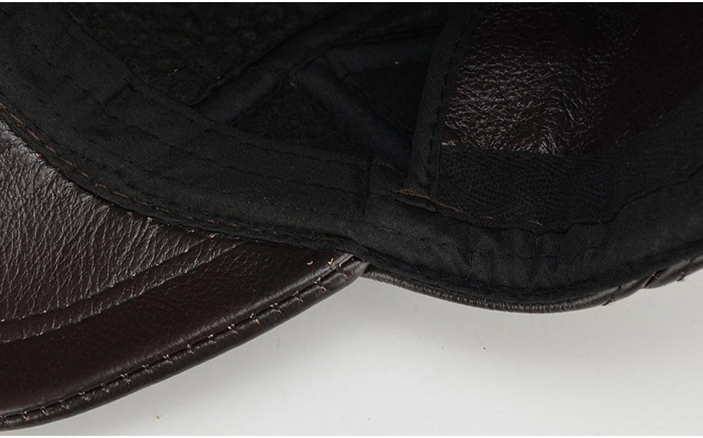 Men's 2025 Casual Real Leather Earflap Cap Men Real Cowhide Leather Caps Male Fall Winter Genuine Real Cow Leather Baseball Hats
