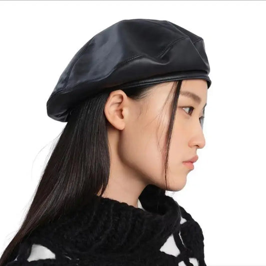 Vintage Flat Top Beret PU Leather Beret Caps Unisex Bucket Hats Autumn Winter Berets Beanie Cap Solid Color Painters Caps
