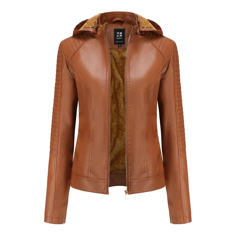 Faux Leather Women Coat Hooded Full Sleeve Slim Fit Solid Sexy Regular Jackets Zipper Casual Splice Coats Thick Warm Jacket