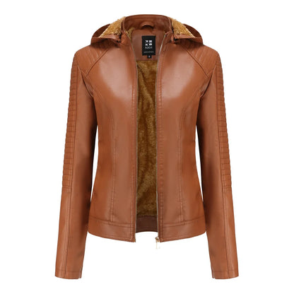 Faux Leather Women Coat Hooded Full Sleeve Slim Fit Solid Sexy Regular Jackets Zipper Casual Splice Coats Thick Warm Jacket