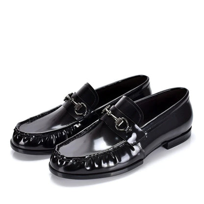 Black Genuine Leather Men's Shoes Loafers Pointed Toe British Design Horse Collar Buckle Lazy Patent Leather Dress Shoes