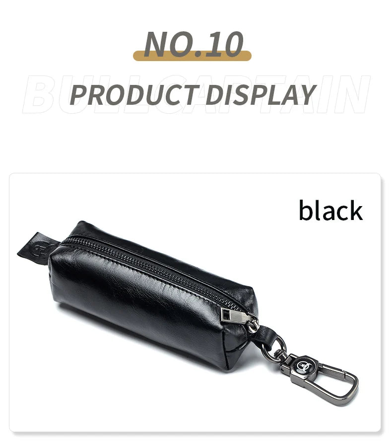 BULLCAPTAIN Genuine Leather Men's Car Keychain Leather Key Case High Quality Men's Butler Key Clip Zipper Two Card Key Case