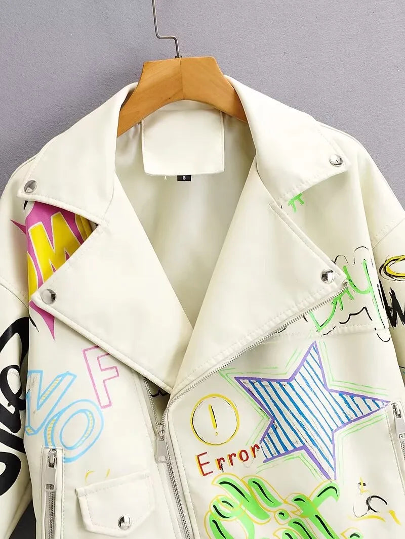 Fashion Brand Coat PU Leather Jacket Women Colorful Print Graffiti Soft Punk Coats Slim Locomotive Cropped Jacket Leather Top 1