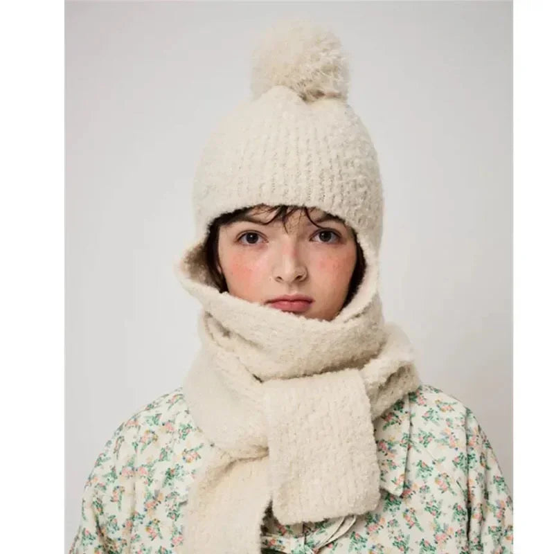 Winter Sweet Girl's Must-have - Wool Blend Beanie with Scarf and Shiny Furball