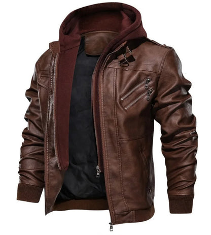 Men Leather Jacket Warm Autumn Winter Windbreaker Overcoat PU Biker Jacket Coat With Hood Fashion Casual Jacket Male Clothes