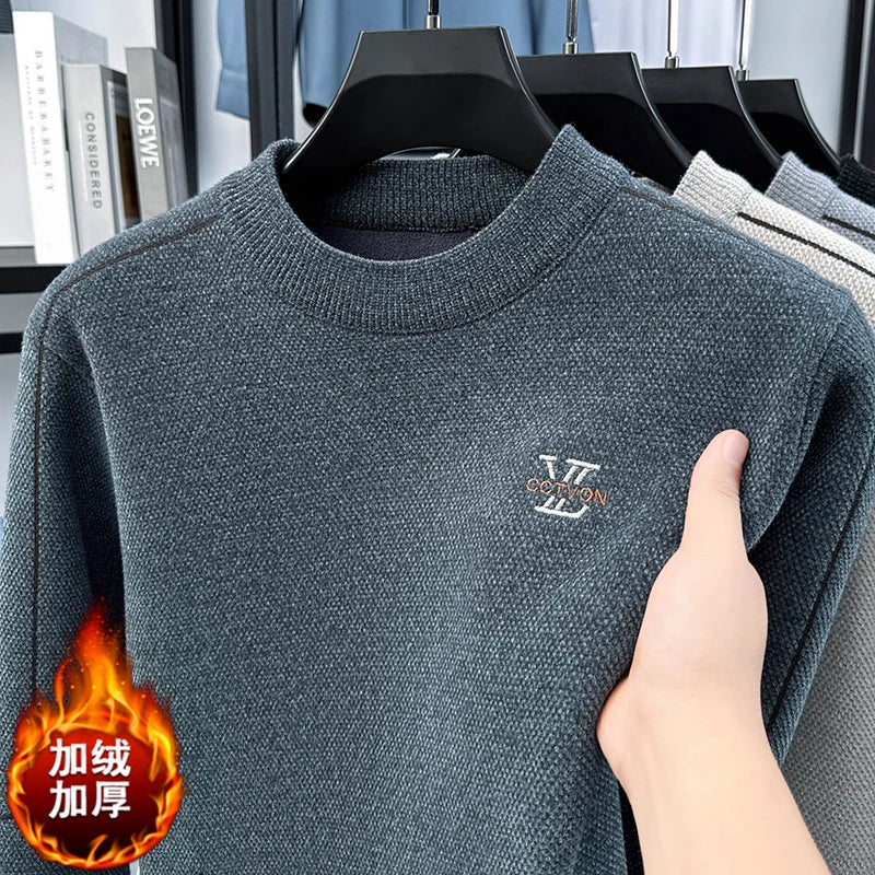 Winter 2025 Men's Sweater with Fleece and Mink Fur for Middle-aged Warmth, Integrated Fleece Base, Embroidered Round Neck Top