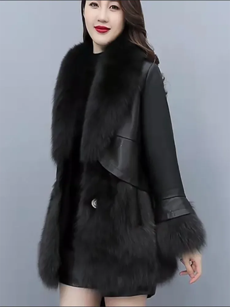 Chic Leather Jacket Women's Overcoat 2024 Autumn Winter New Faux Fox Fur Mid-Length PU Leather Stitching Thick Warm Coat Outwear