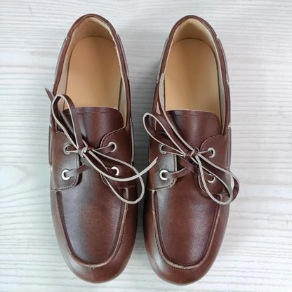 Leather Shoes for Women 2025 Spring and Autumn Sheepskin Worn Dirty Tied Soft Soled Loafer Shoes Retro One Foot Women's Shoe