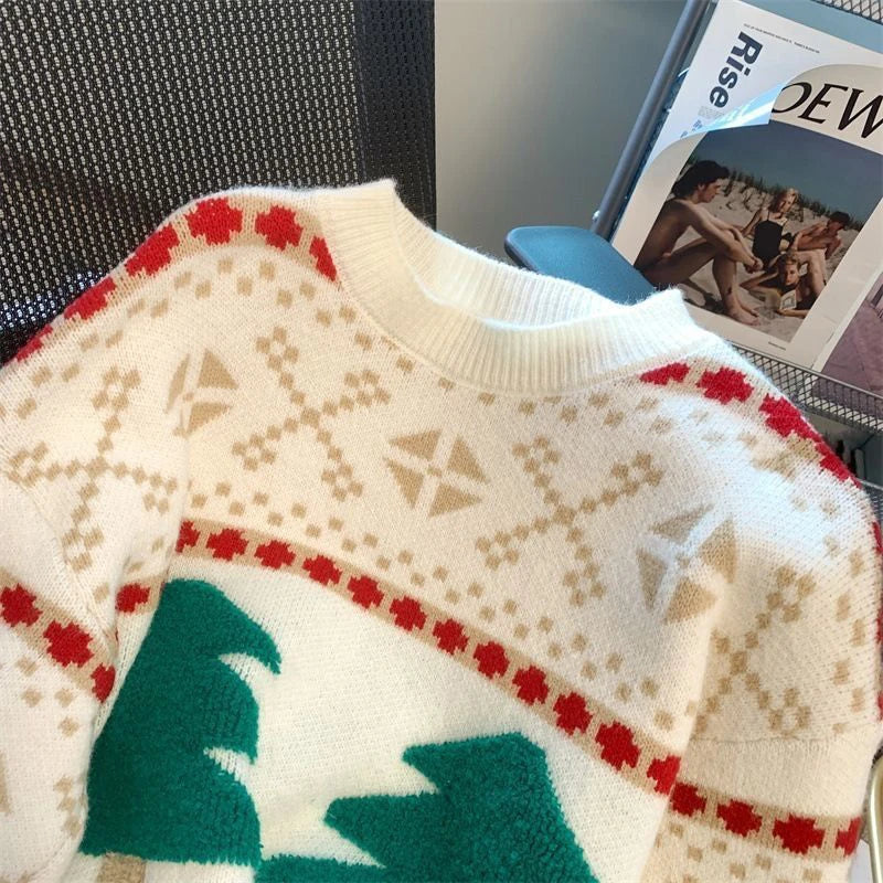 Sweet Christmas Tree Red Sweater Women Long Sleeve O Neck Cute Knit Pullover Harajuku Y2K Preppy Style Casual Lazy Jumper