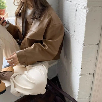 Fashion Lapel Collar Leather Jacket Women Outerwear Retro Vintage PU Coats Korean Chic Windbreaker Jackets Autumn/Winter