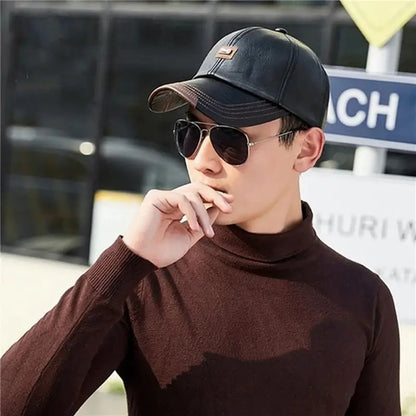 Baseball Cap Casual Fashion Hat Autumn And Winter Thin Plus Velvet Leather For Men New