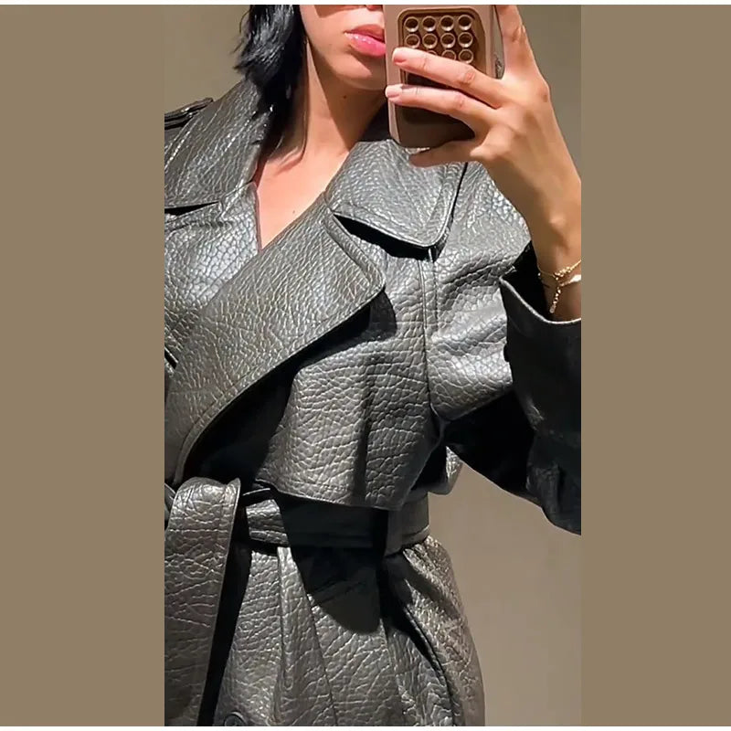 Elegant Women's Double Breasted Long Leather Coat With Belt Lapel Full Sleeve Pockets Jacket 2025 Autumn Winter Lady Outwear New