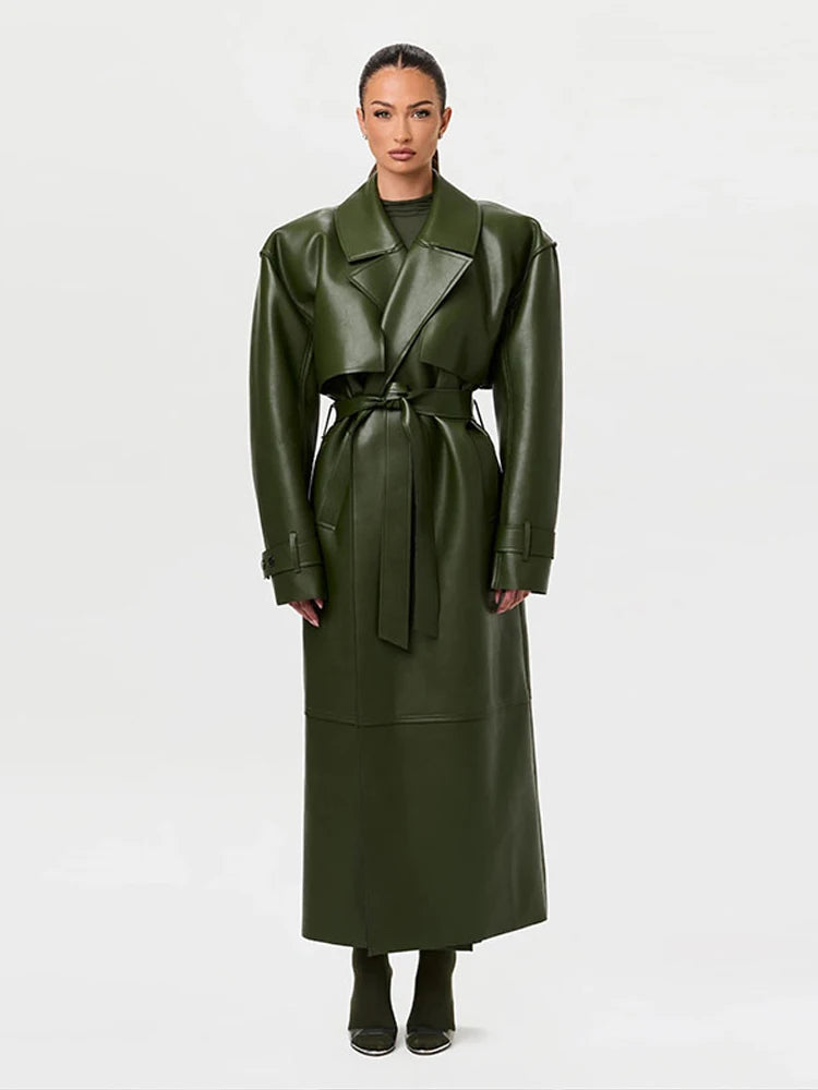 Fashion PU Leather Long Overcoats With Belt Women Luxury Lapel Button Oversize Jackets Female 2025 Autumn High Street Outerwear