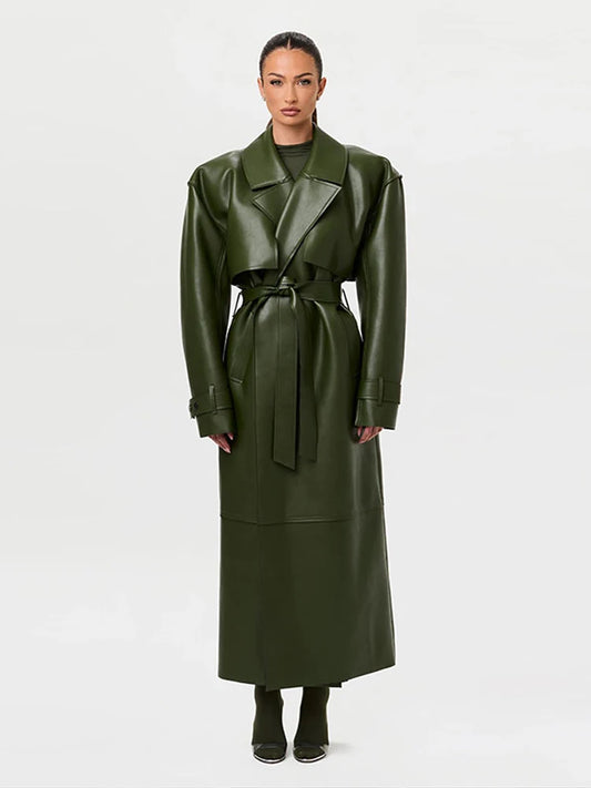 Fashion PU Leather Long Overcoats With Belt Women Luxury Lapel Button Oversize Jackets Female 2025 Autumn High Street Outerwear