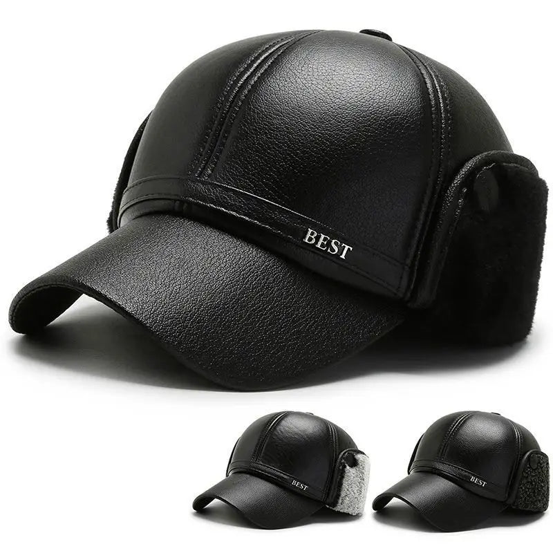 Men's Casual Cuffed Soft Leather Baseball Cap for Middle-Aged and Elderly, Warm for Winter