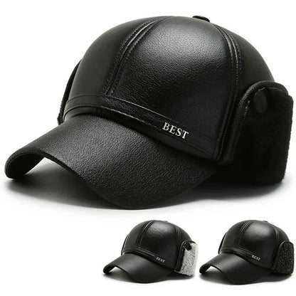 Men's Casual Cuffed Soft Leather Baseball Cap for Middle-Aged and Elderly, Warm for Winter