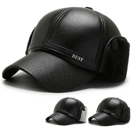 Men's Casual Cuffed Soft Leather Baseball Cap for Middle-Aged and Elderly, Warm for Winter