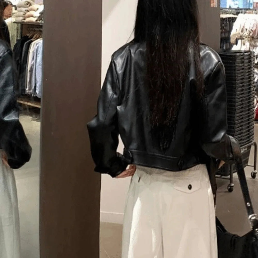Fashion Pleated Leather Jacket Women Lapel Collar Outerwear Vintage PU Coats Korean Chic Windbreaker Jackets Y2k Streetwear