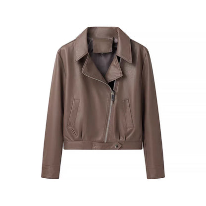 Classic Pleated Leather Jacket Women Korean Chic Outerwear Vintage PU Coats Lapel Collar Zipper Overcoat Streetwear